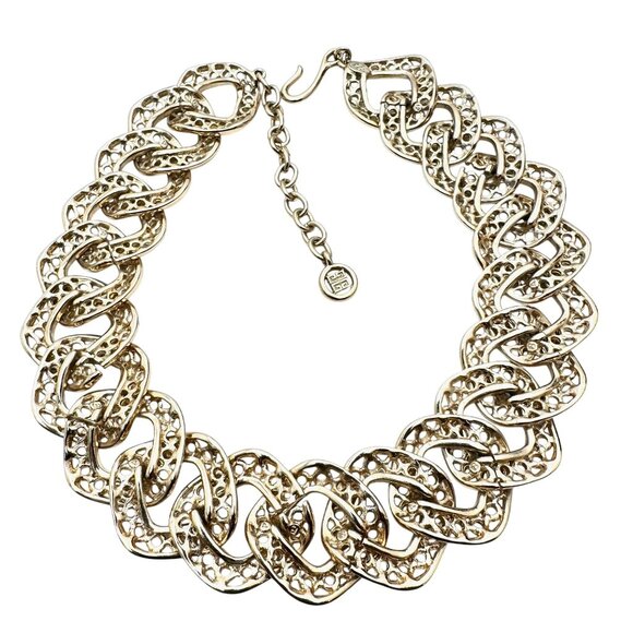 HUGE Vintage Givenchy Gold Tone Wide Link Statement Necklace Logo Hang Tag